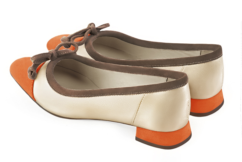 Apricot orange, gold and chocolate brown women's ballet pumps, with low heels. Square toe. Flat flare heels. Rear view - Florence KOOIJMAN